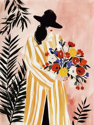 Illustration einer Frau mit Blumen und einem gestreiften Mantel von Studio Allee