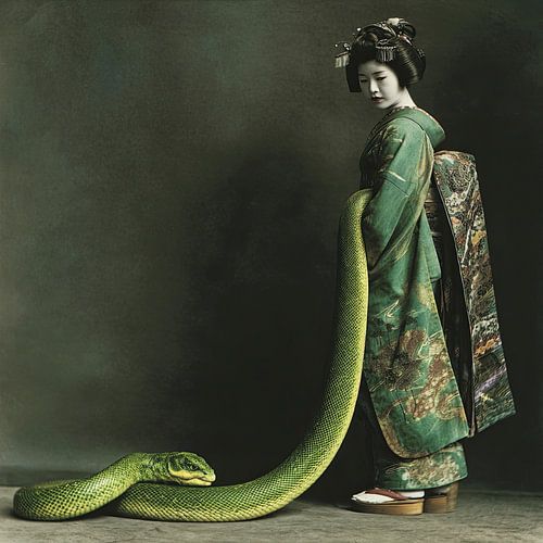Japanse geisha met groene slang