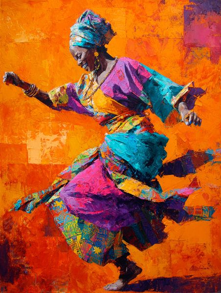 Dancing woman in colourful African robes on bright orange background by But First Framing