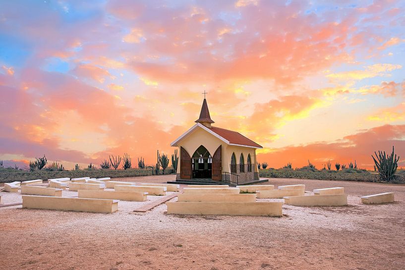 Alto Vista chapel on Aruba with sunset by Eye on You