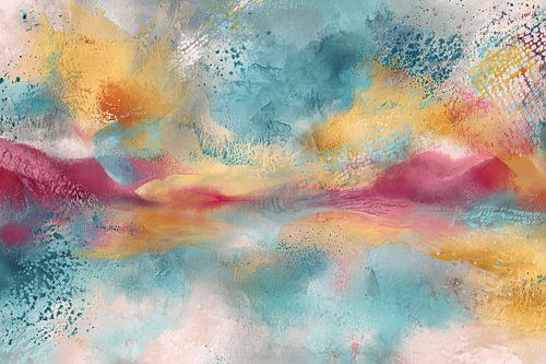 Abstract Schilderij Dromerige Horizon – Pastelkleuren Roze, Lichtblauw en Goud