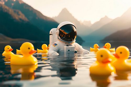 Astronaut in het water met eenden - Surrealistisch
