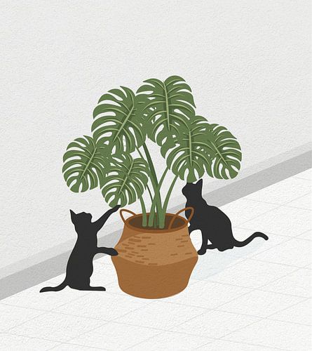 Un chat mignon jouant avec un pot de monstera