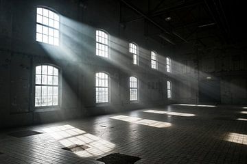 Lichtstrahlen in einer verlassenen Industriehalle von Vlindertuin Art