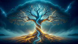 Vieux arbre de vie, qui rayonne d'une énergie lumineuse mystique dans un paysage fantastique