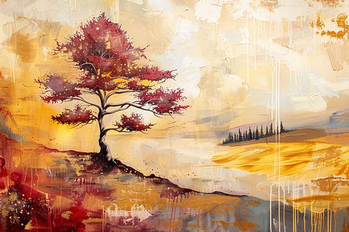 Surrealistische kleurrijke boom in zomers landschap