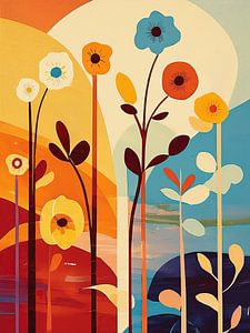 Farbenfrohe abstrakte botanische Blumen im Retro-Stil