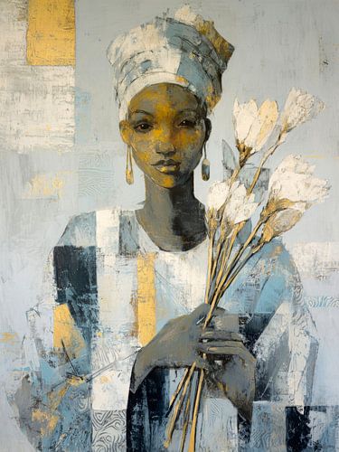 Femme africaine avec foulard et fleurs blanches