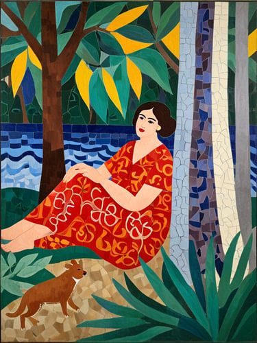Meisje zittend onder de boom in de tuin