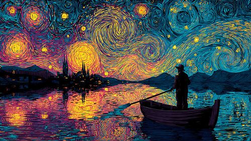 Man Fishing Stars Under Starry Night