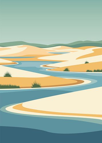 Illustration vectorielle minimaliste représentant un paysage naturel plat, avec une rivière sinueuse bleue qui serpente à travers les dunes ondulantes d'un désert de sable