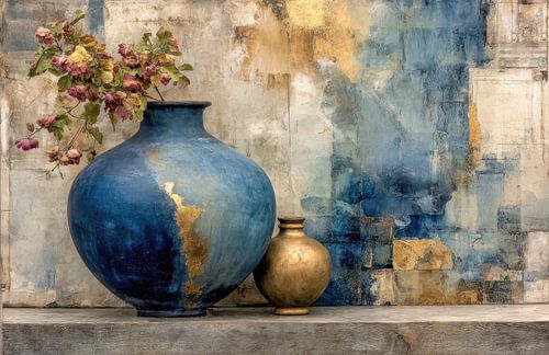 Blaues Keramik-Stillleben mit Gold – modern und beruhigend von Joriali Fine Art