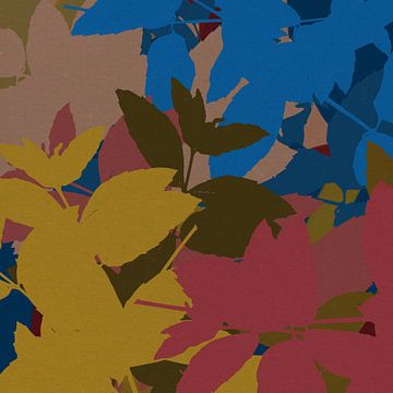 Kleurrijke abstracte botanische kunst. Bladeren in kobaltblauw, geel, wijnrood. van Dina Dankers