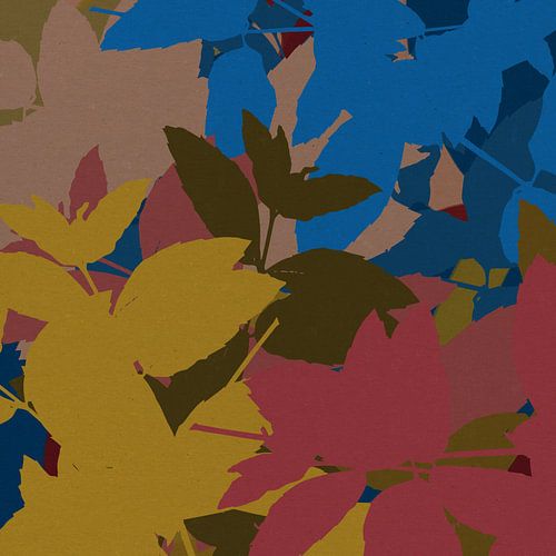 Art botanique abstrait et coloré. Feuilles en bleu cobalt, jaune, rouge vin.
