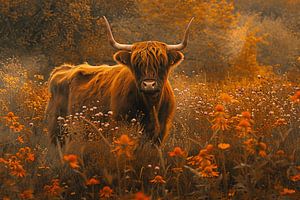 Schottischer Highlander wird eins mit seiner Umgebung
