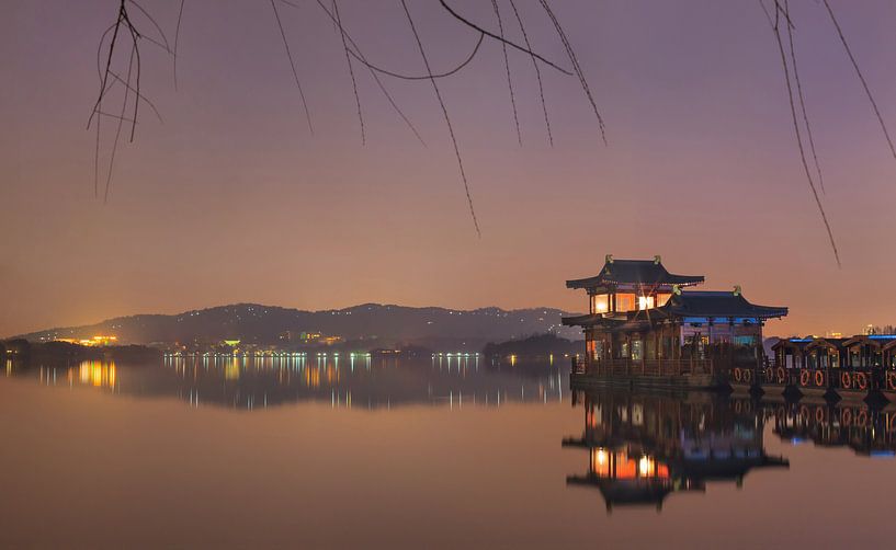 Oude houten boot weerspiegeld in de beroemde Westlake in de nacht van Tony Vingerhoets
