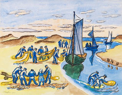 Max Pechstein, Visser aan het werk op het strand, 1951