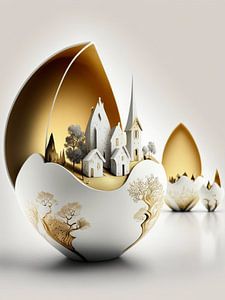 Miniaturlandschaft Porzellan weiß gold surreal Häuser Bäume Ei