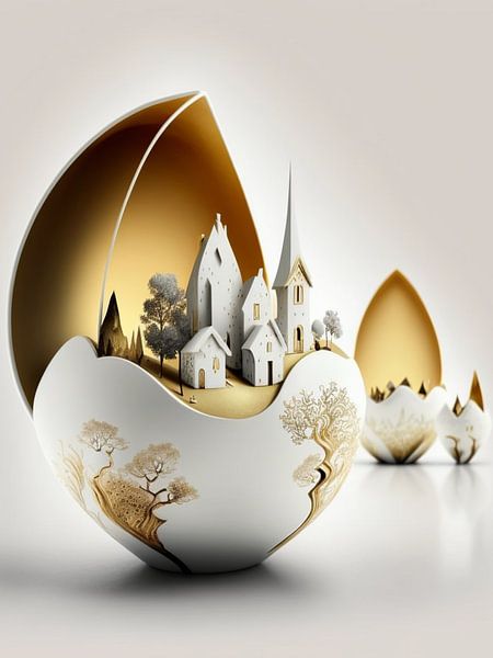 Miniaturlandschaft Porzellan weiß gold surreal Häuser Bäume Ei von gm_designs