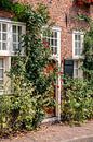 Voorkant bakstenen huis met houten deur en rozenstruik en stokrozen van Andrea de Jong thumbnail