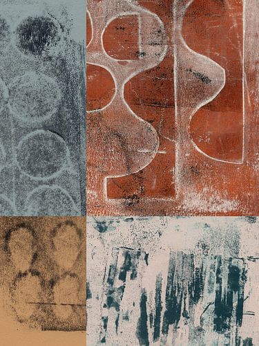 Abstracte organische en geometrische vormen. Collage in terracotta, oker, grijs.