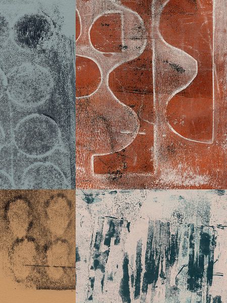 Abstrakte organische und geometrische Formen. Collage in Terrakotta, Ocker, Grau. von Dina Dankers