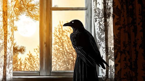 Raven in the morning light with full moon