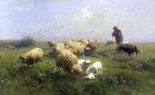Zonnig weiland, schapen en herder, HEINRICH VON ZÜGEL, 1890