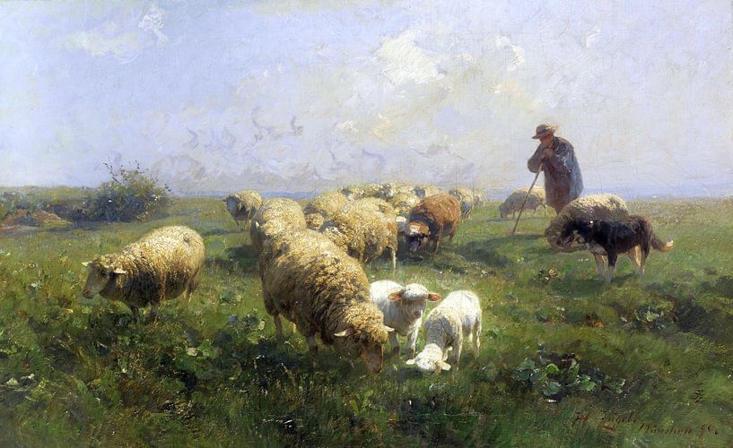Sunny meadow, sheep and shepherd, HEINRICH VON ZÜGEL, 1890 by Atelier Liesjes