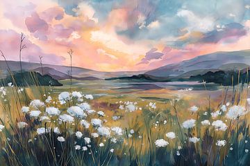 Blooming meadow landscape in the evening light by NJ Midnight Studio