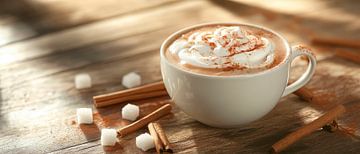 Koffiekopje met room en kaneelstokjes van Poster Art Shop