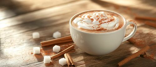 Koffiekopje met room en kaneelstokjes