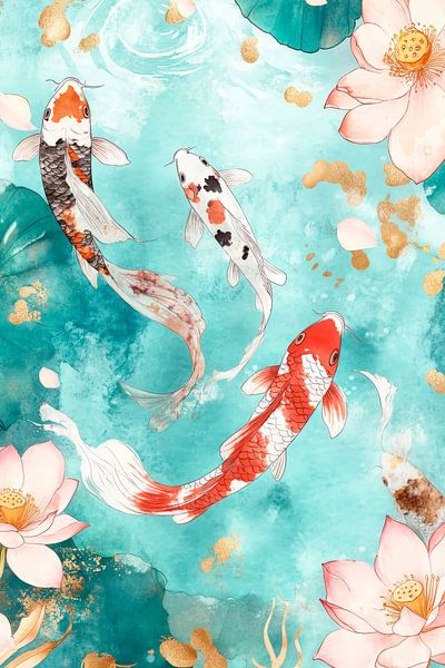 Koi in water met lotusbloemen - kleurrijkheid van Poster Art Shop
