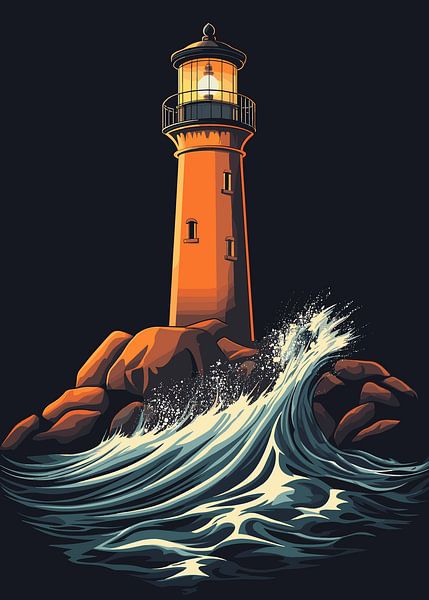 Phare sur rocher avec vague tempétueuse par Pixelbull Design