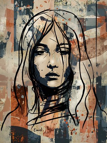 Minimalistisch vrouwelijk portret met krachtige lijnen | Modern mixed media kunstwerk in aardetinten