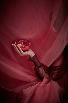 Virgin fruit, graceful arm holds pomegranate by PGGYJNSSN PHOTOART