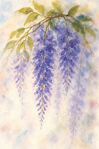 Hangende blauwe regen in zachte pastel kleuren (AI) (klimplant, dromerig, zacht, fris, schilderij)