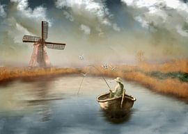 Der niederländische Fischer – Ein friedlicher Morgen am See und bei der Windmühle von rinto Wicaksono
