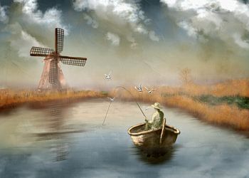 The Dutch Fisherman – Peaceful Morning by the Lake and Windmill