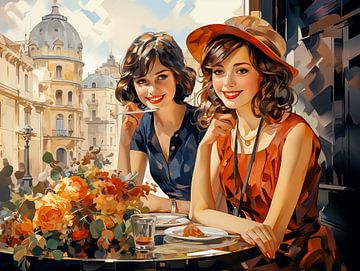 Two women in a café in the style of the 1920s by Animaflora PicsStock
