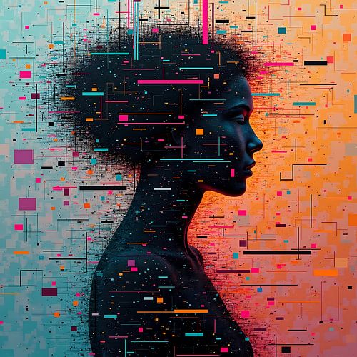 Vrouw in glitch-stijl, collage, abstract
