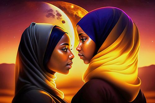 Twee moslimvrouwen in het maanlicht