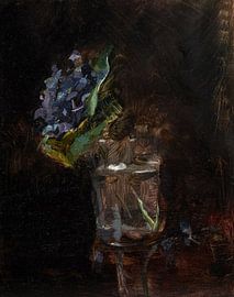 Still life with blue flowers in a vase on dark black brown. by Dina Dankers