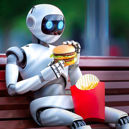 Le robot mange un hamburger