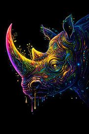 Neon Rhino Head – Psychedelic Wildlife Art by Faheem Beigh