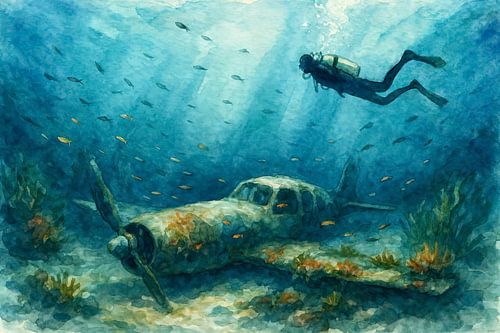 Scuba diver bij gezonken vliegtuigwrak (AI) (zeebodem, oceaan, luchtvaart, wrak, diepzee, aquarel, schilderij, vissen, koraal )