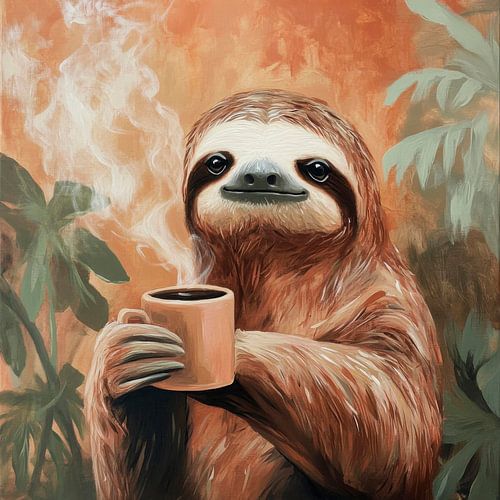 Kaffeetrinkendes Faultier im Dschungel von Poster Art Shop