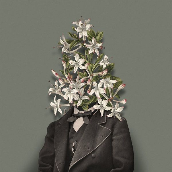 Autoportrait avec fleurs et chenille (fond gris-vert) par toon joosen