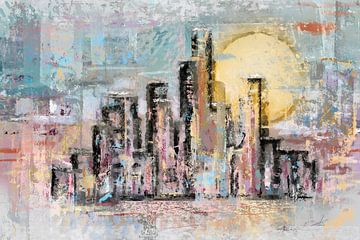 Skyline stad - kleurig landscape kunstwerk met ondergaande zon van Emiel de Lange