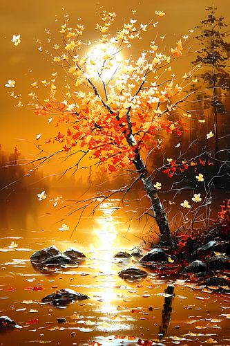 Stralende herfstboom bij zonsondergang met reflectie